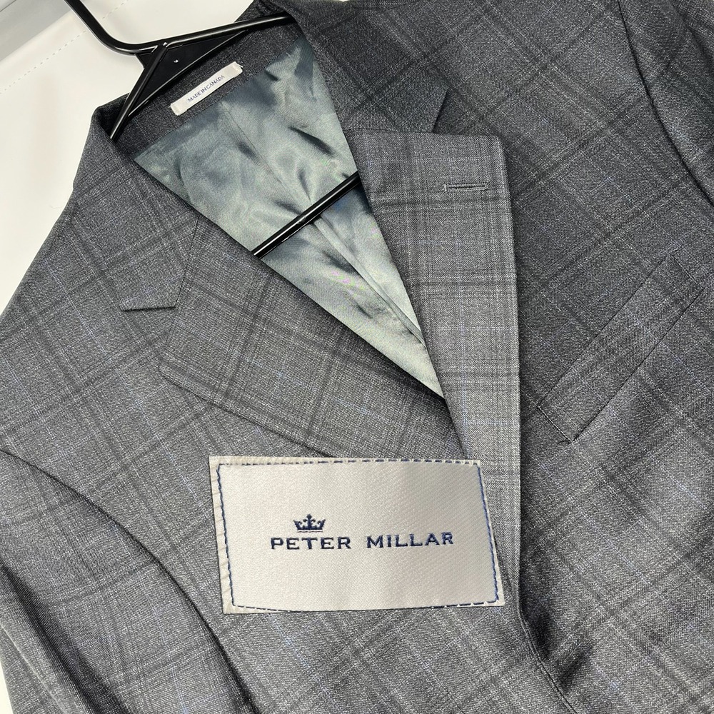 Peter Millar Sport Coat Blazer Mens 42T Gray Plaid 100% Wool Double Vent Lined